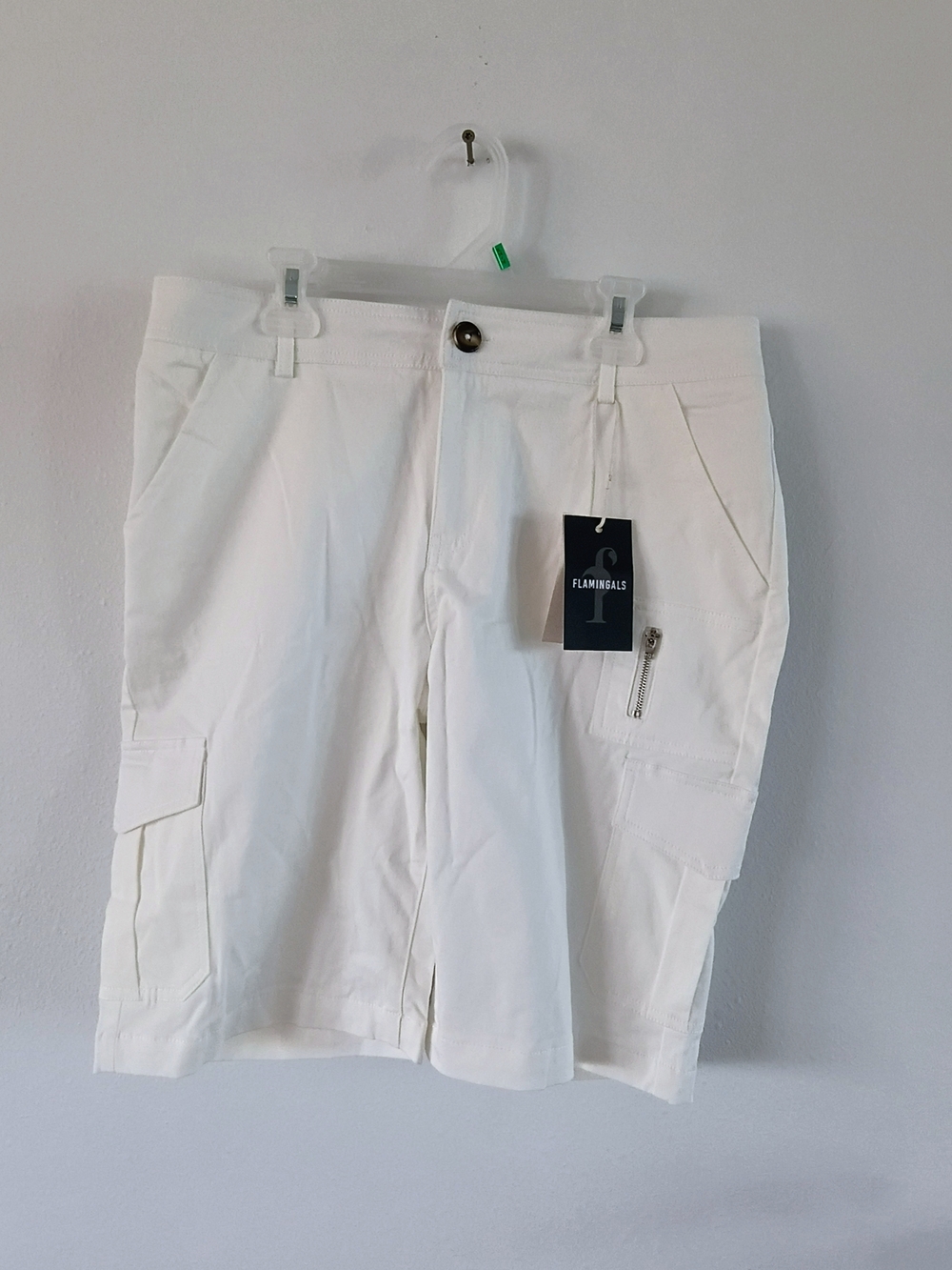 Flamingals White Cargo Shorts Womens Large Stretch Utility Summer Casual